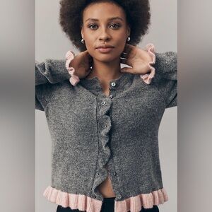 NWOT Anthropologie S Grey and Pink Ruffled Cardigan
